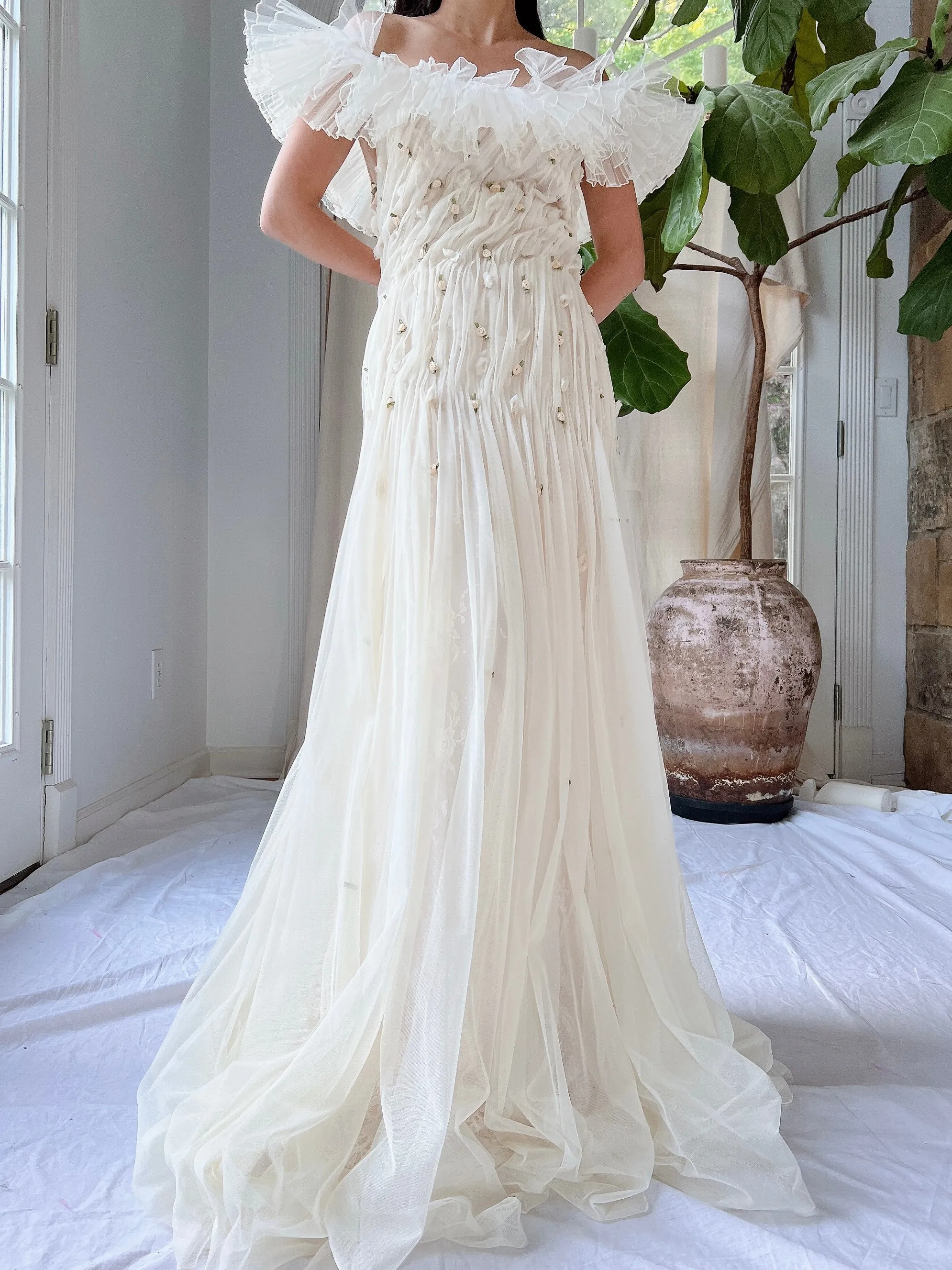Vintage Italian Ruffles Silk Tulle Draped Dress - M/L