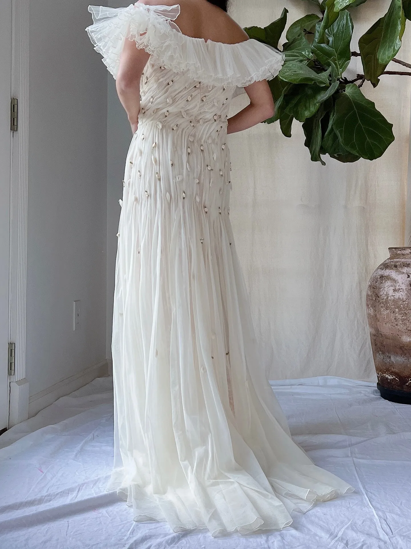 Vintage Italian Ruffles Silk Tulle Draped Dress - M/L