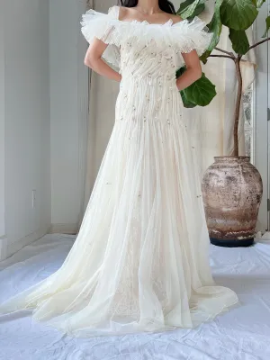 Vintage Italian Ruffles Silk Tulle Draped Dress - M/L