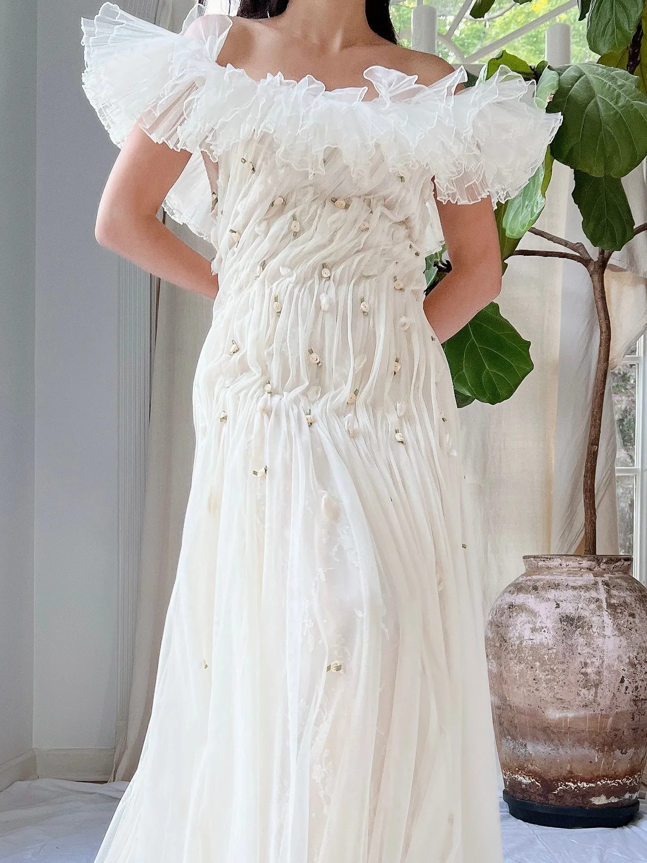 Vintage Italian Ruffles Silk Tulle Draped Dress - M/L