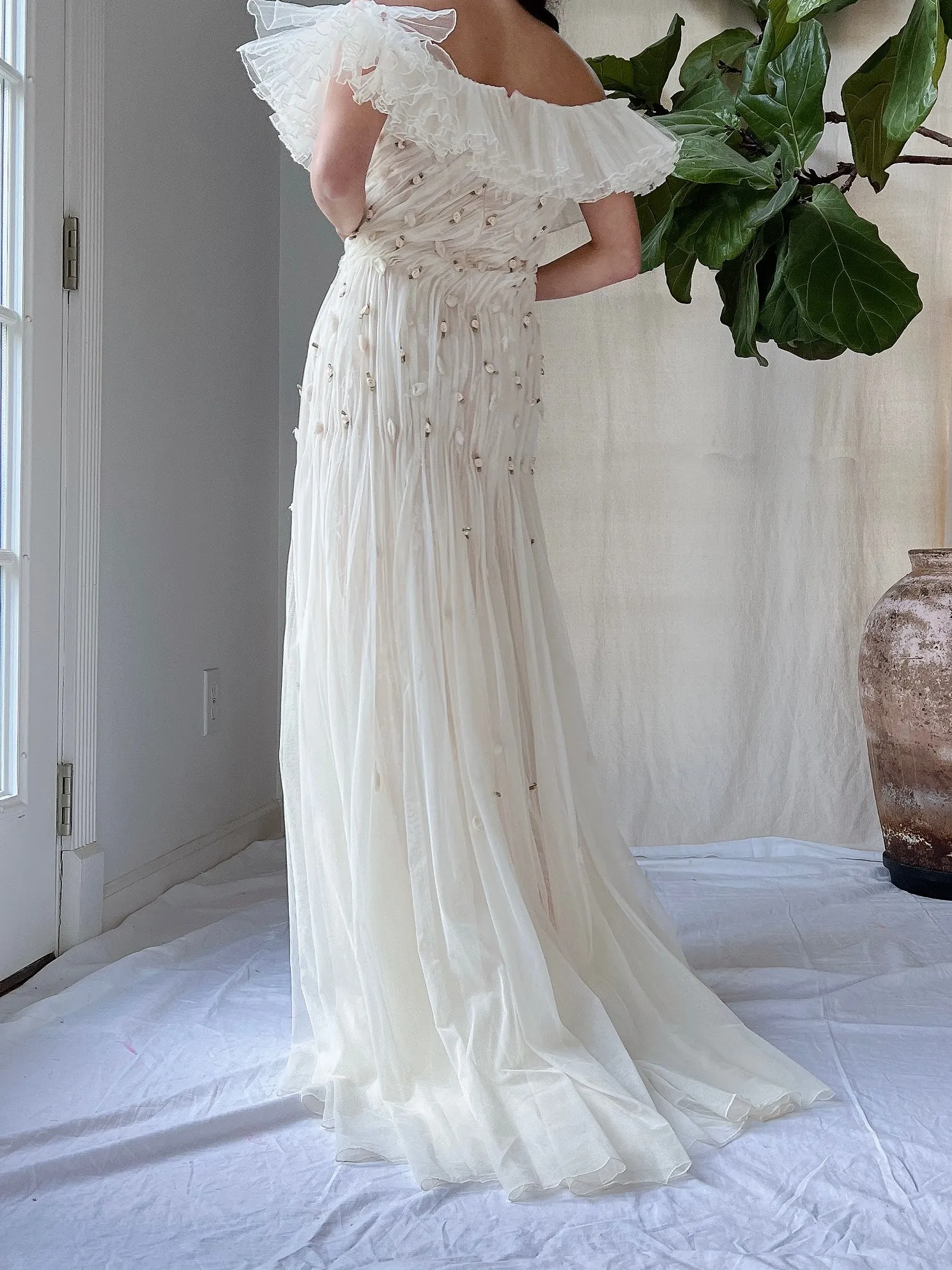 Vintage Italian Ruffles Silk Tulle Draped Dress - M/L