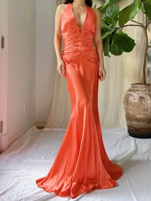 Vintage Silk Coral Plunge Gown - M