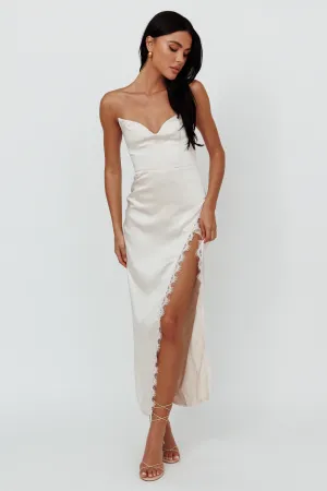 Winter Moon Strapless Lace Trim Midi Dress Champagne